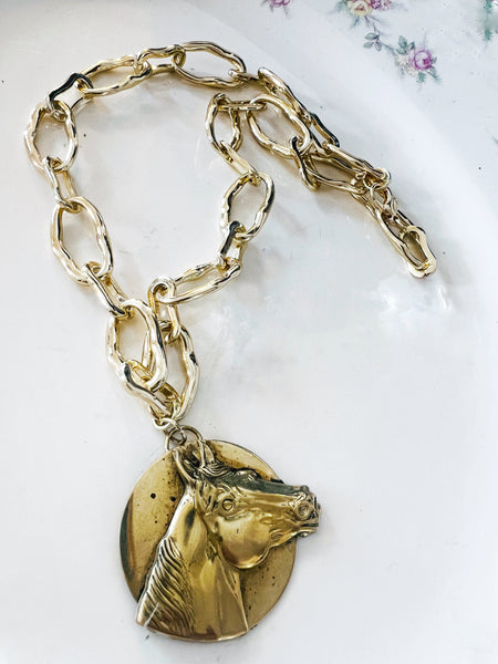 Brass Patina Link Chain Horse Head Necklace