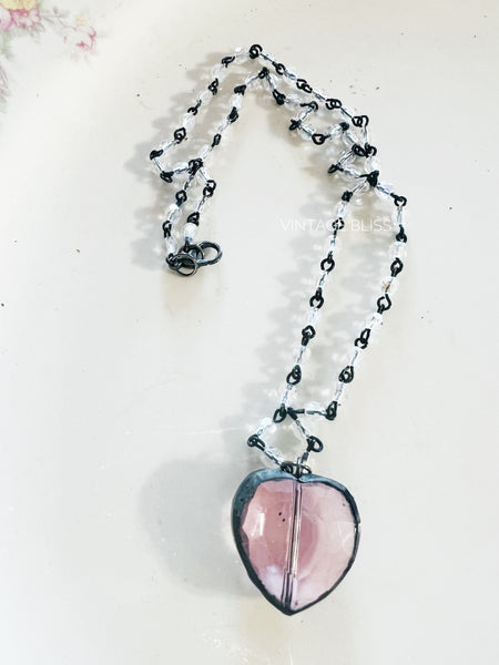 Soldered Pink Crystal  Mini Heart Necklace