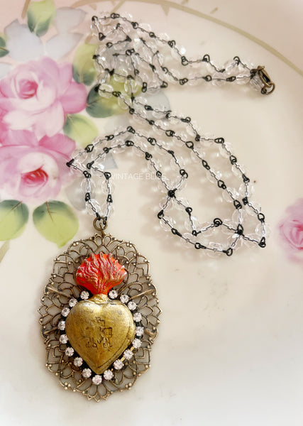 Sacred Heart Crystal Beaded Chain Necklace