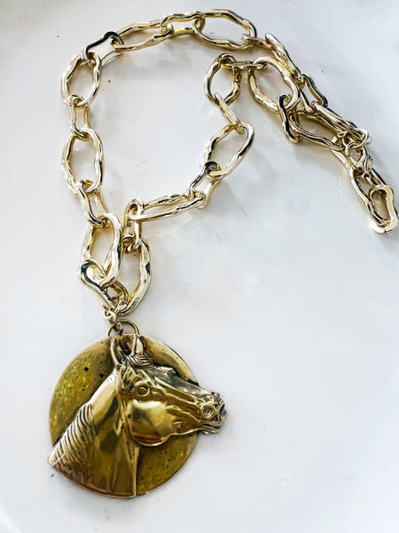 Brass Patina Link Chain Horse Head Necklace
