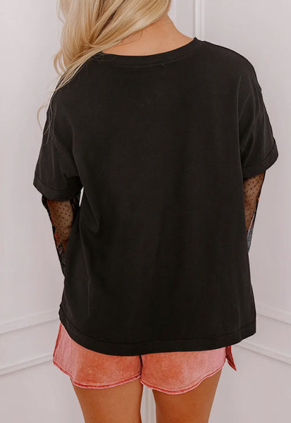 Black Floral Mesh Sleeve Tshirt