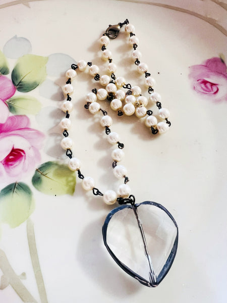 Soldered Crystal Heart Necklace Pearl Chain