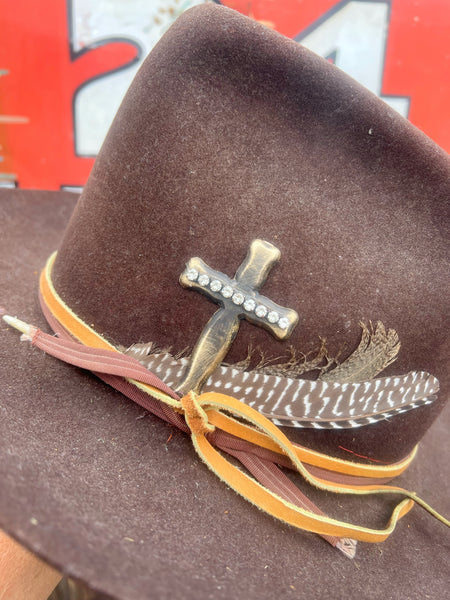 brass patina cross hat pin 