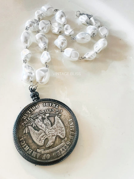 Vintage Trade Dollar Coin Bezel Chain Necklace