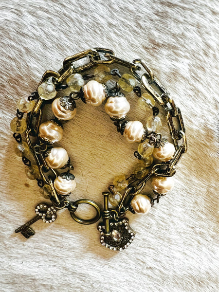 Coffee Pearl Triple Strand Beaded Bracelet