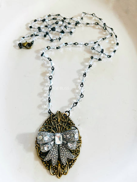 Rhinestone Bow Filigree Pearl Necklace long