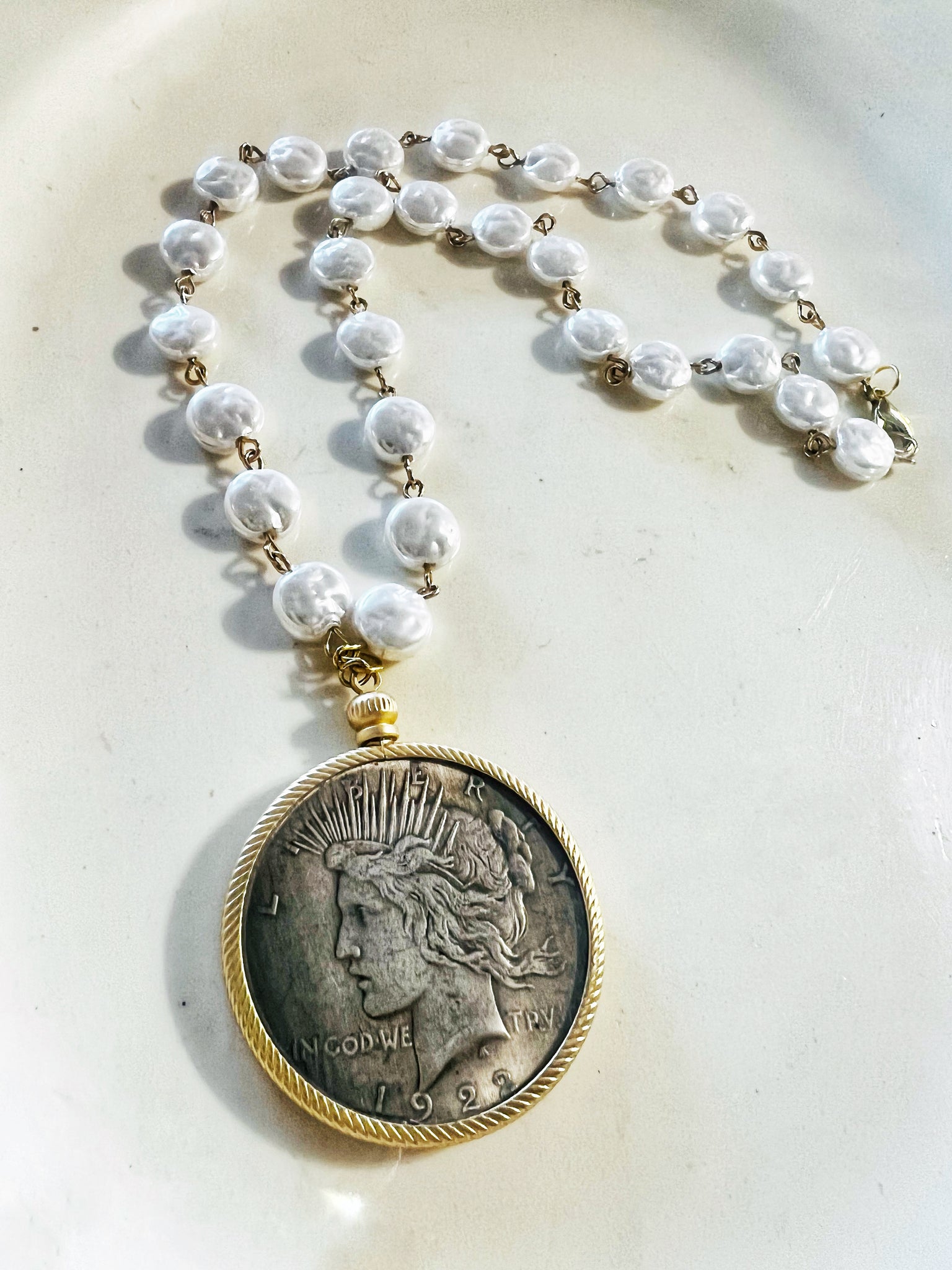 Vintage Liberty Coin Bezel Pearl Beaded Chain Necklace