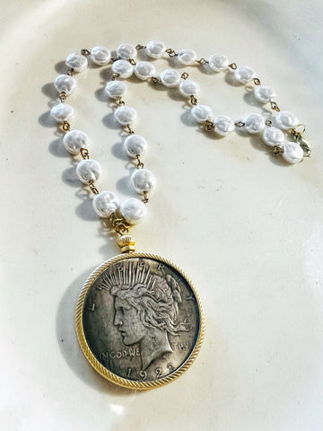 Vintage Liberty Coin Bezel Pearl Beaded Chain Necklace