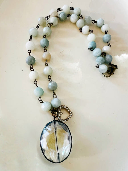 Soldered Crystal Oval Necklace Aqua Beaded Chain