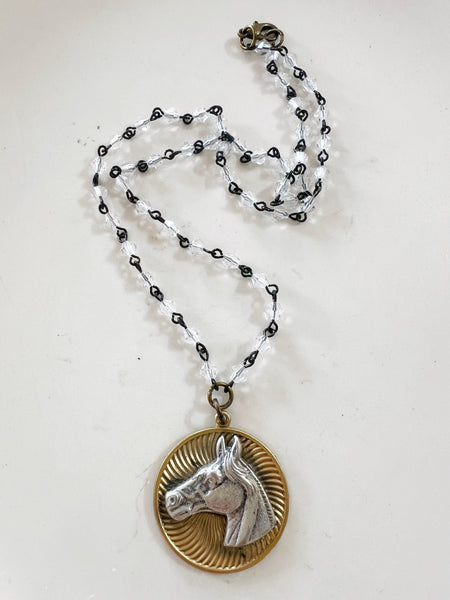 Brass Patina Silver Horse  Pendant Necklace