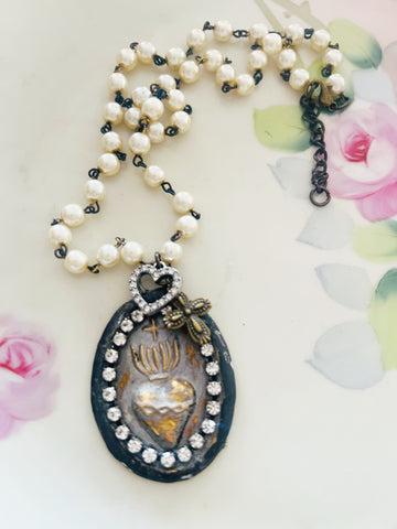 Sacred Heart Medallion Beaded Chain Necklace