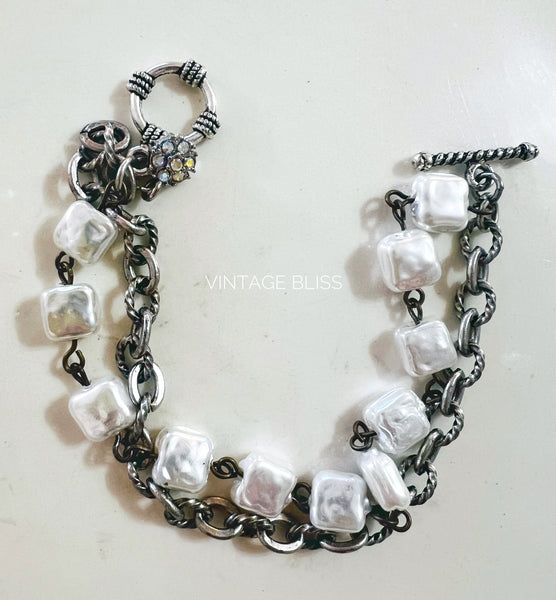 Silver Metal Chain &  Pearl Chain Bracelet