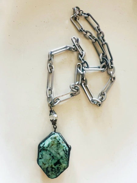 African Turquoise Soldered Metal Chain Necklace