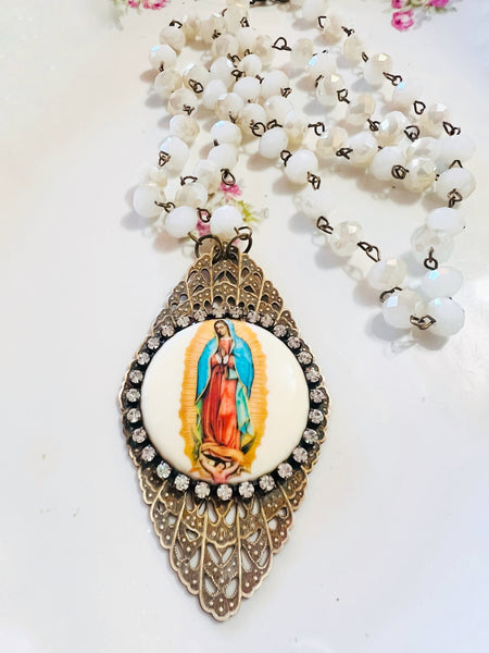 Virgin de Guadalupe Filigree Necklace Beaded Chain