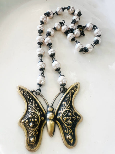 Boho Brass Patina Butterfly Necklace