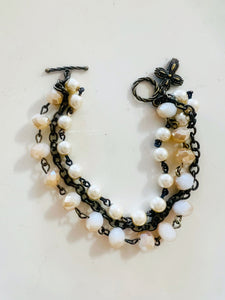 Tan Neutrals & Pearl Triple Strand Bracelet