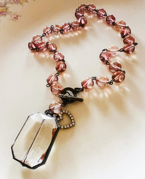 pink glass beaded chain  soldered glass drop rhinestone heart dangle charm 