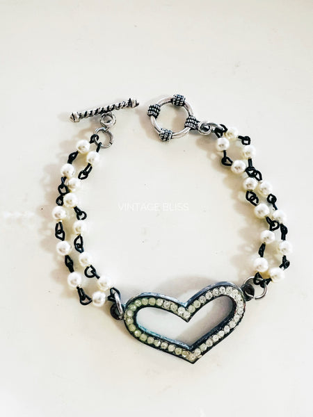 Mini Pearl Beaded Rhinestone Heart Bracelet
