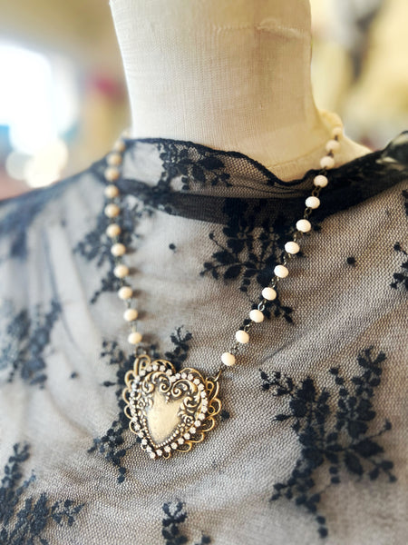 brass patina heart filigree beaded chain necklace 
