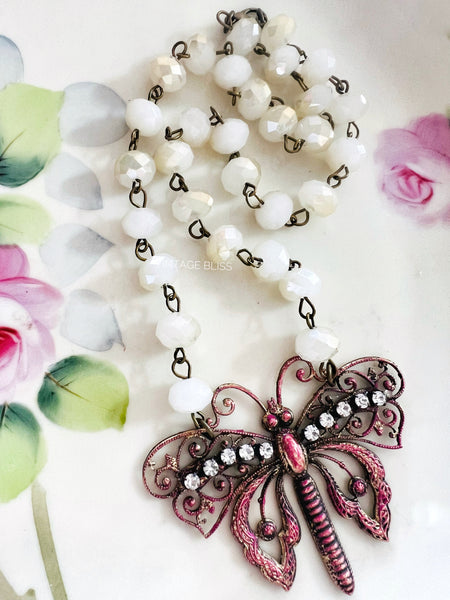 Pink Boho Butterfly Filigree Necklace