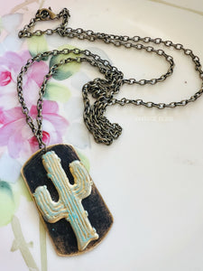 Cactus Patina Dog Tag Style Necklace