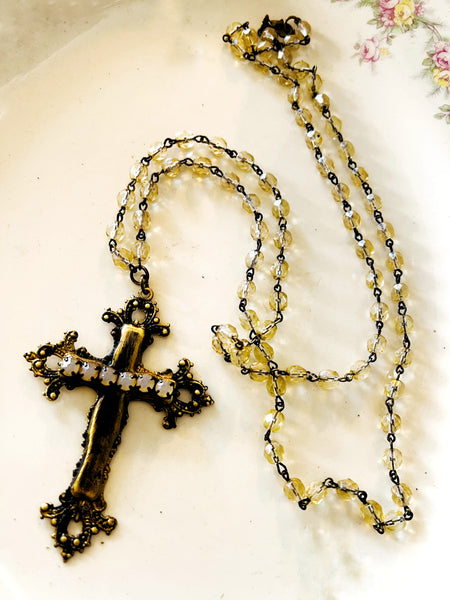 Brass Filigree Patina Rhinestone Cross Necklace
