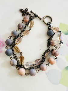 Grey Tan Neutrals Triple Strand Bracelet