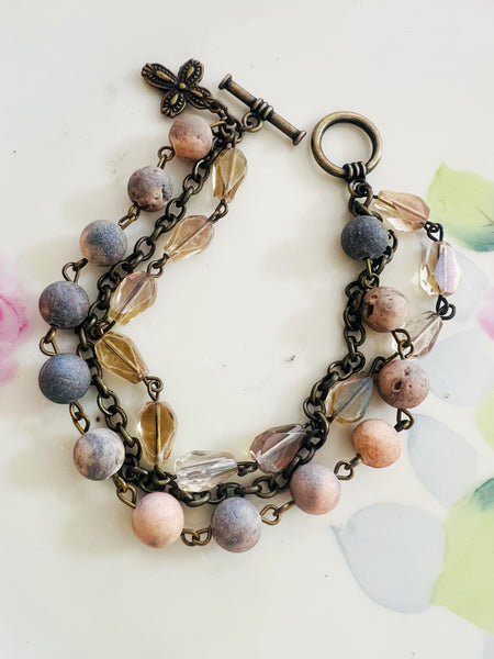Grey Tan Neutrals Triple Strand Bracelet