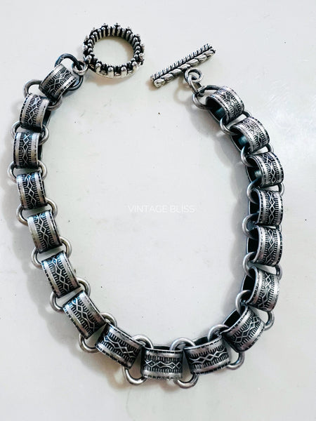 Stamped Metal Chain Silver Bracelet