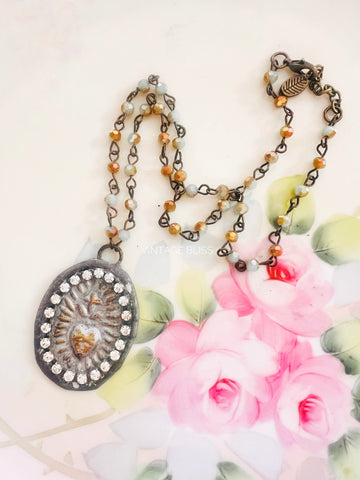 Sacred Heart Medallion Beaded Chain Necklace