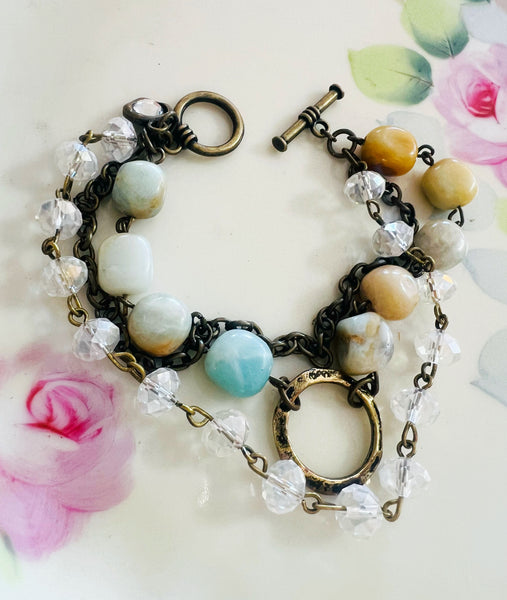 Neutral Aqua Tones Triple Strand Beaded Bracelet