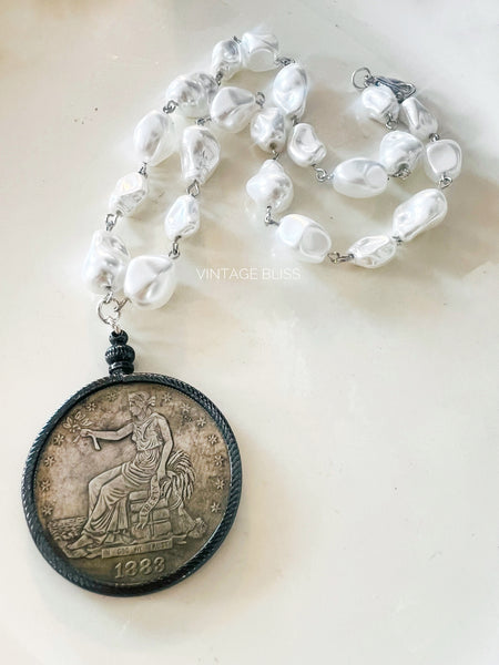 Vintage Trade Dollar Coin Bezel Chain Necklace