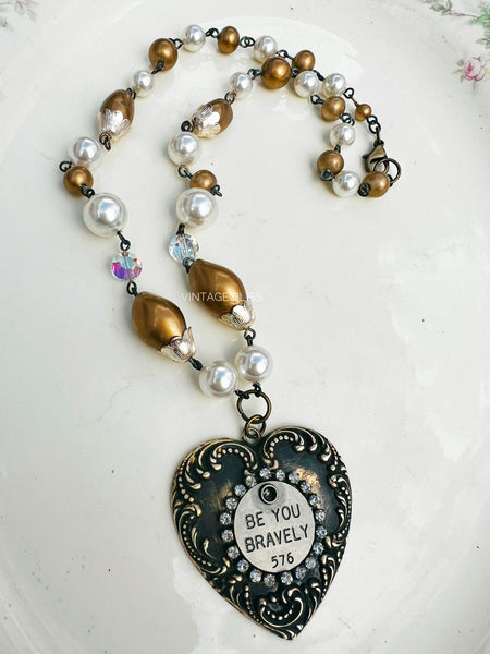 Brave quote brass heart necklace 