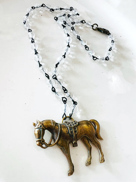 Brass Horse Crystal Beaded Chain Necklace