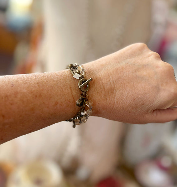 Peach & Tan Tones Triple Strand Beaded Bracelet