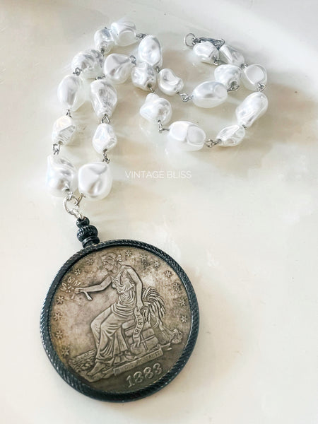 Vintage Trade Dollar Coin Bezel Chain Necklace