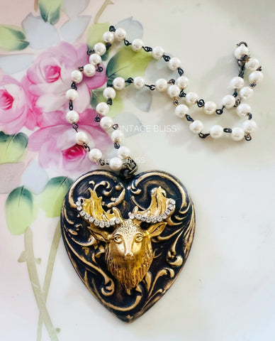 Deer Sweetheart Brass Patina Heart Necklace