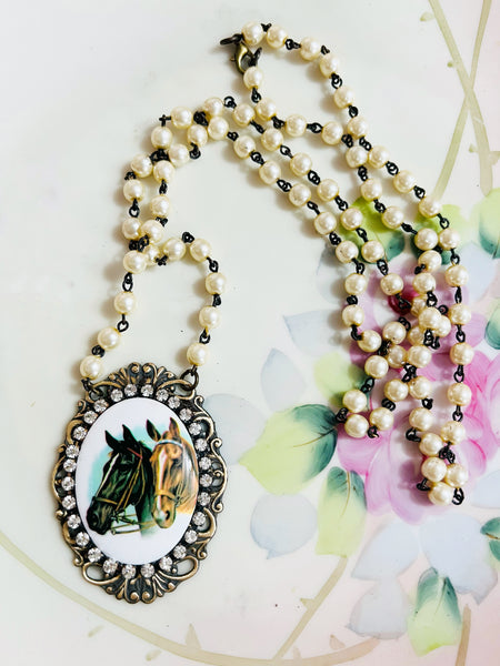 Western Horse Cameo Filigree Necklace Beaded Chain