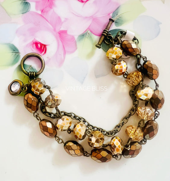 Neutral Brown & Gold tones Triple Strand Beaded Bracelet