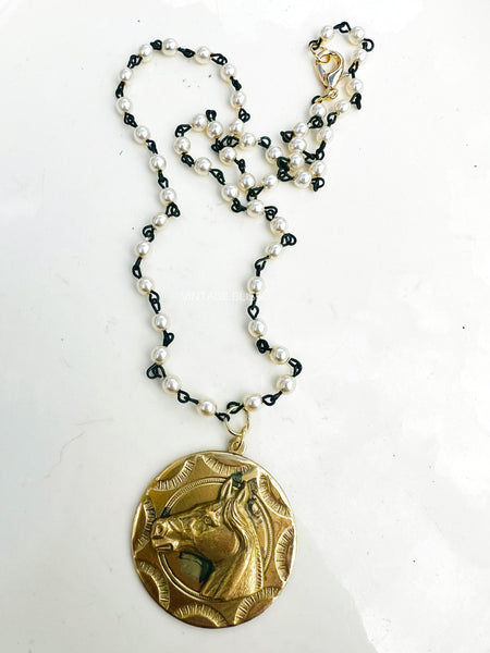 Mini Pearl Beaded Chain Horse Necklace