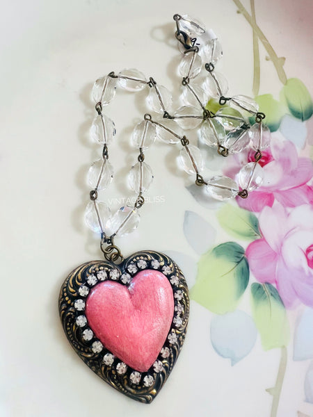 Pink Distressed Clay Heart Necklace