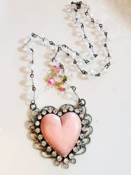 Pink Clay Distressed Heart Filigree Necklace