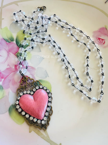 Pink Clay Heart Filigree Necklace