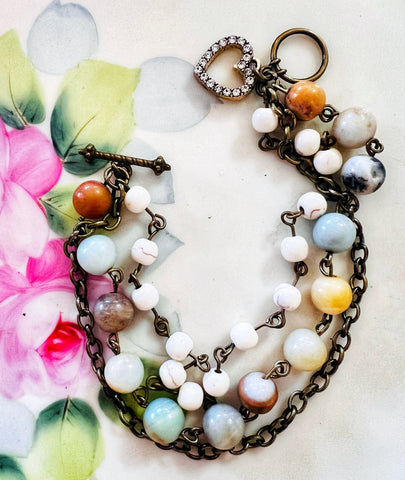 Aqua Neutrals Beaded Triple Strand Bracelet