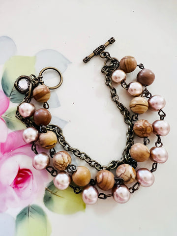Neutral Brown Tones Triple Strand Beaded Bracelet