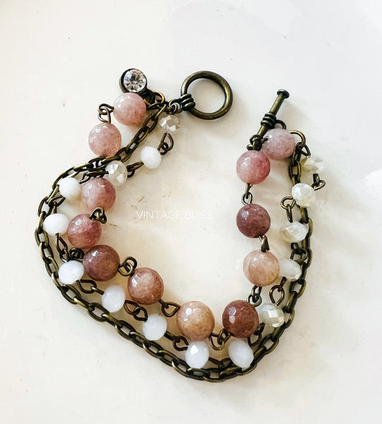 Mauve Neutrals Triple Strand Beaded Bracelet