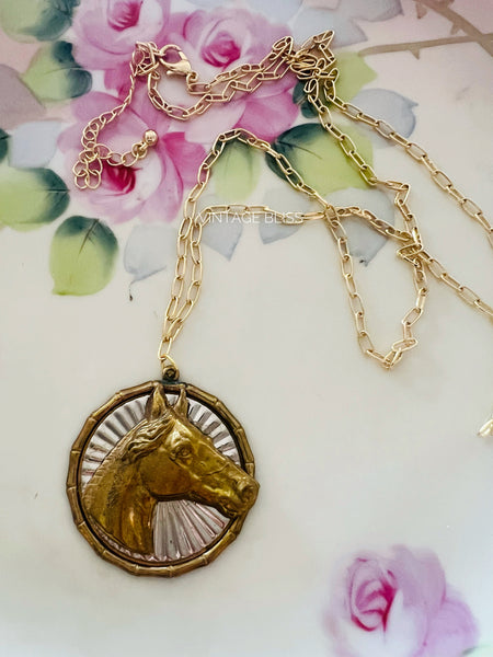 Brass Patina Horse Pendant Chain Necklace