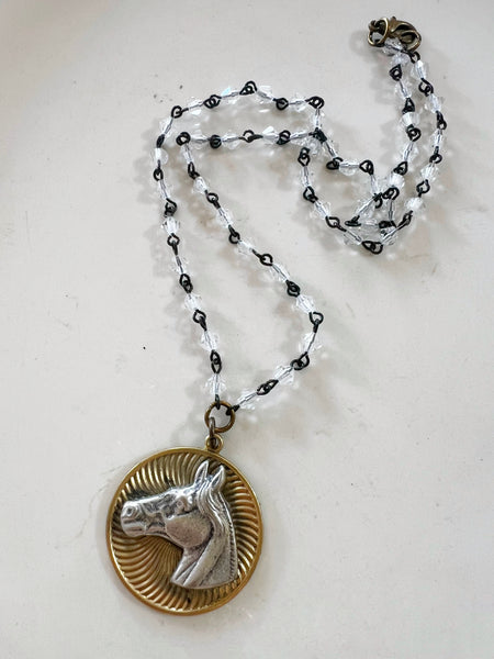Brass Patina Silver Horse  Pendant Necklace