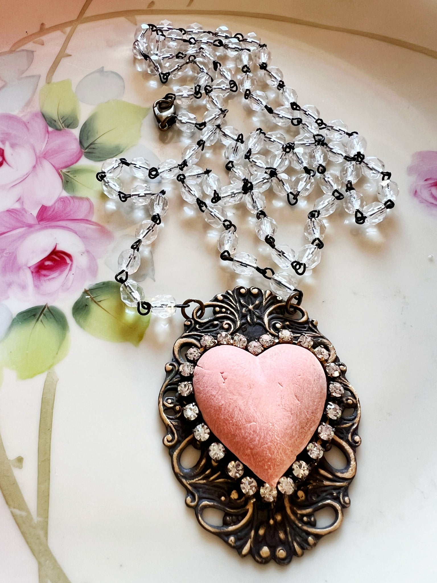 Pink Clay Heart Necklace Long