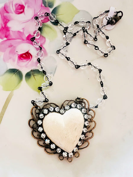 Whitewash Clay Heart Filigree Necklace